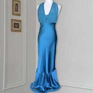 90s Y2K Betsy & Adam Floor Length Aqua Mermaid Halter Prom Dress Size 10